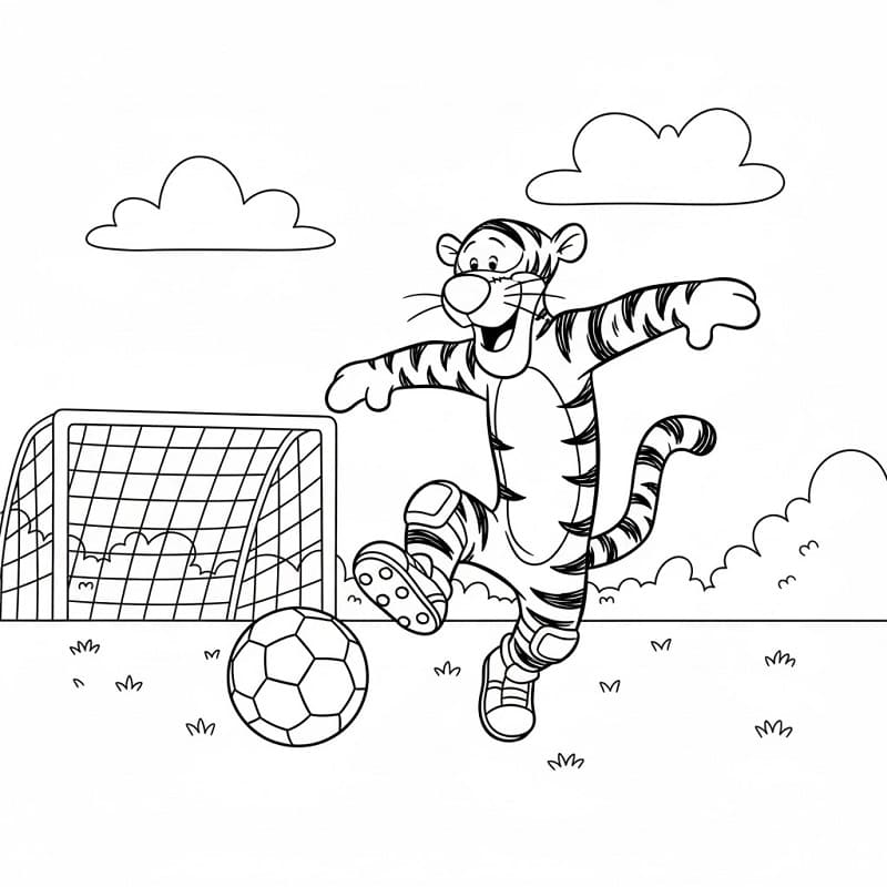 Fise de colorat cu Tigger jucând fotbal