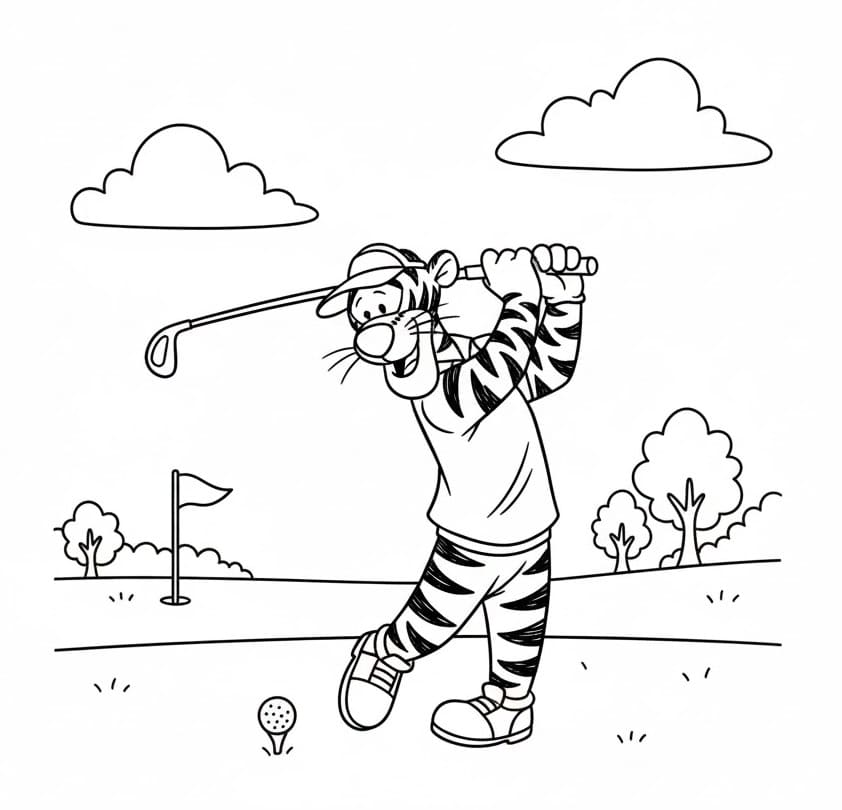 Fise de colorat cu Tigger jucând golf