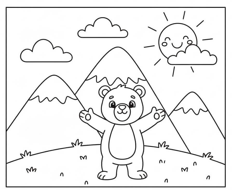 Fise de colorat cu Urs și Munți