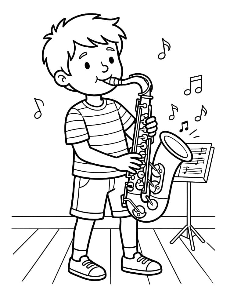 Fise de colorat cu Băiat cântând la saxofon