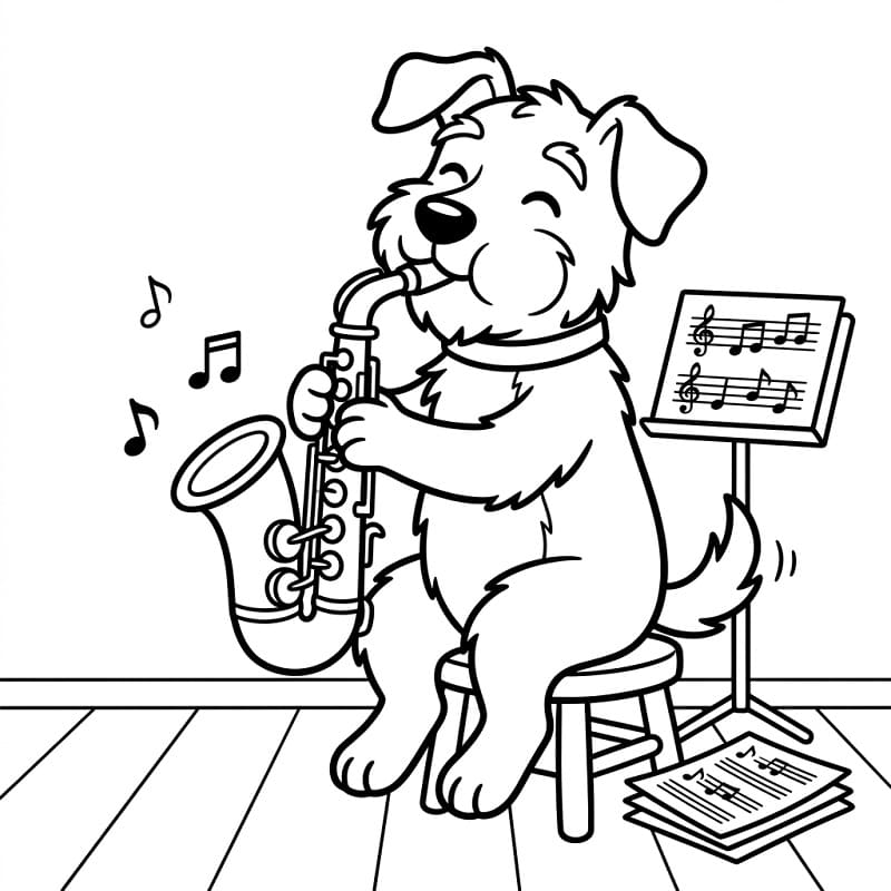 Fise de colorat cu Câine cântând la saxofon