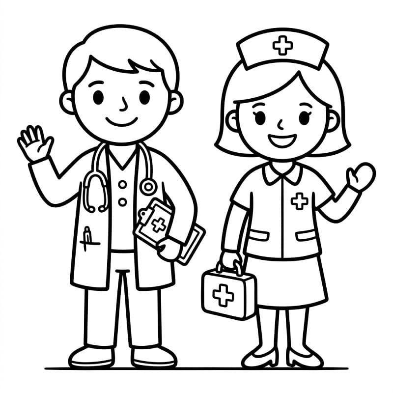 Fise de colorat cu Doctor drăguț cu asistentă