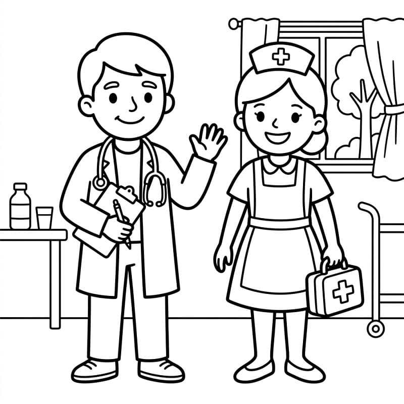 Fise de colorat cu Doctor și asistentă fericiți