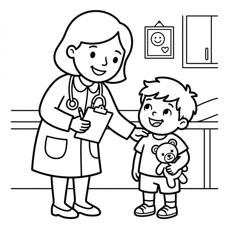 Fise de colorat cu Doctor și băiat fericiți