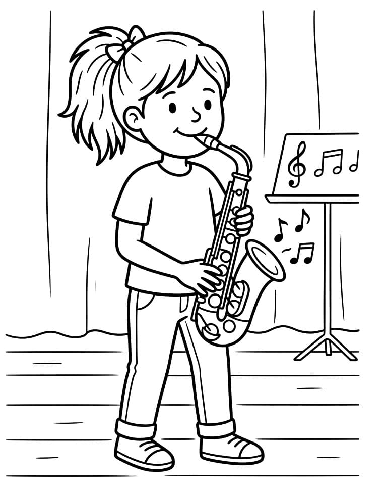 Fise de colorat cu Fată cântând la saxofon