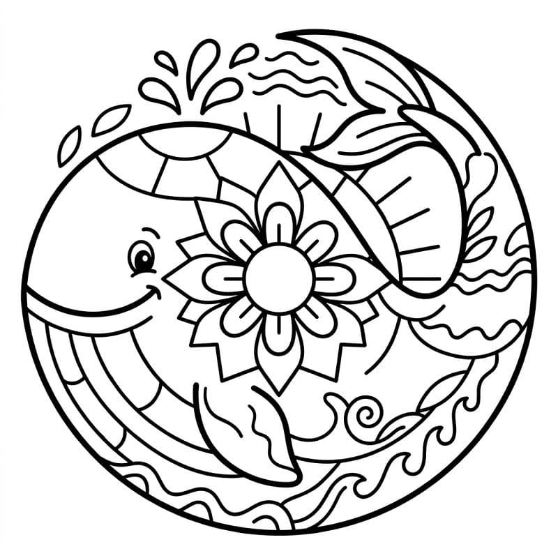 Fise de colorat cu Mandala animal cu balenă