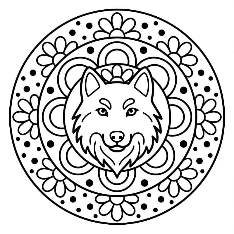 Fise de colorat cu Mandala animal cu lup