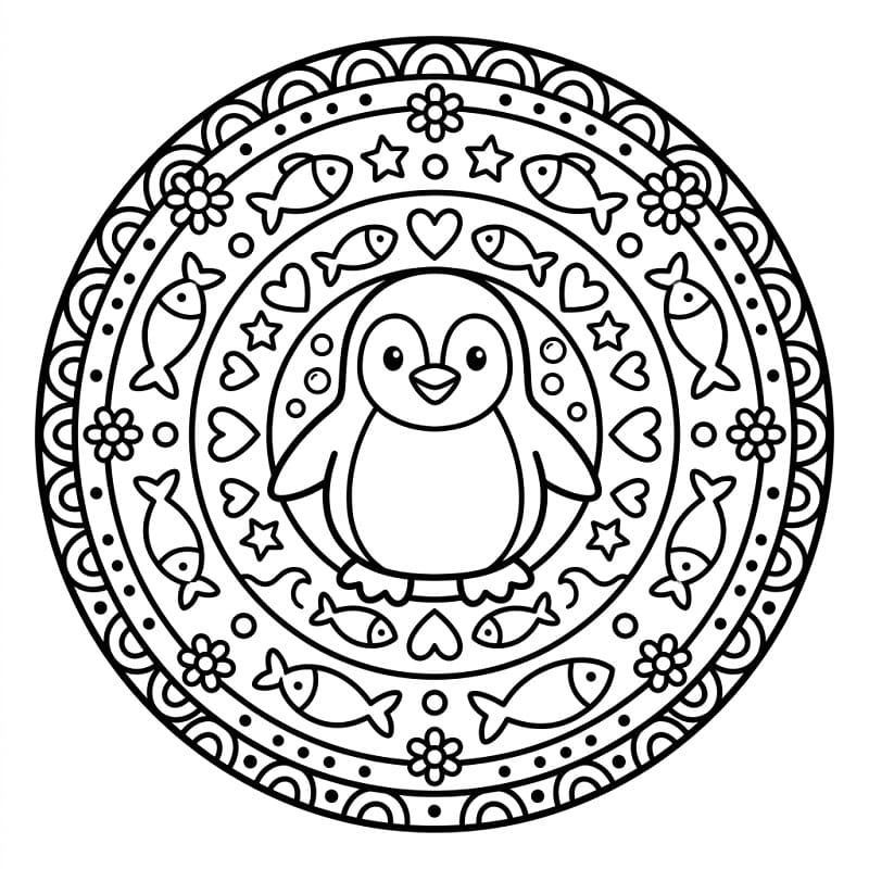 Fise de colorat cu Mandala animal cu pinguin