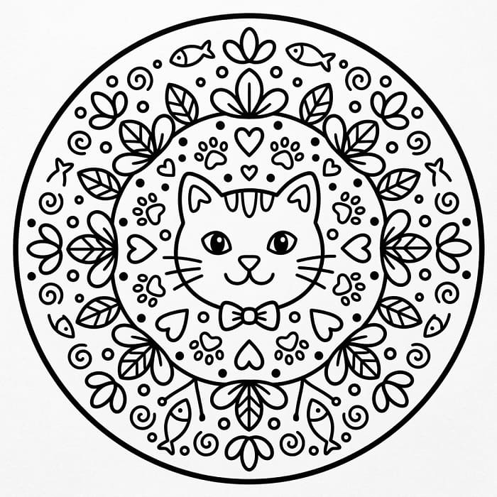 Fise de colorat cu Mandala animal cu pisică