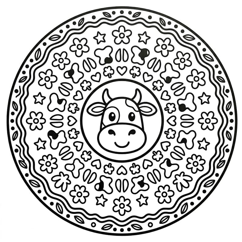 Fise de colorat cu Mandala animal cu vacă