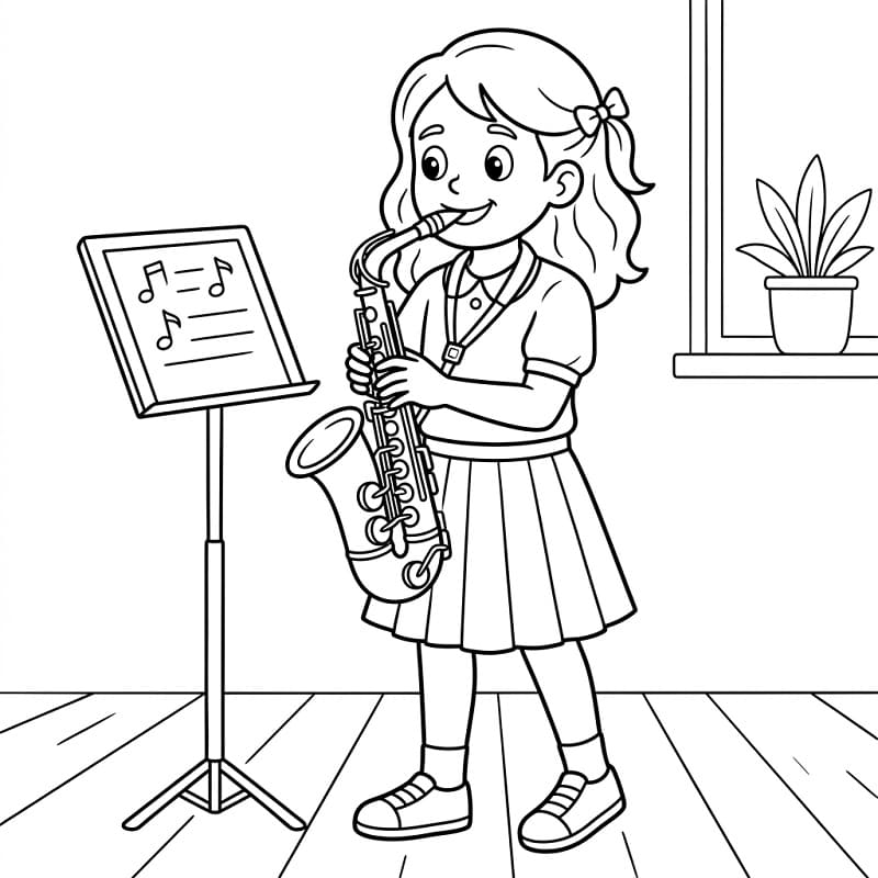 Fise de colorat cu O fată cântă la saxofon