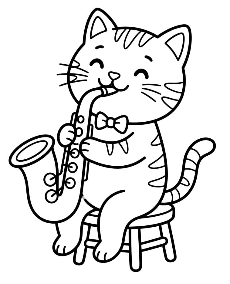 Fise de colorat cu O pisică cântă la saxofon