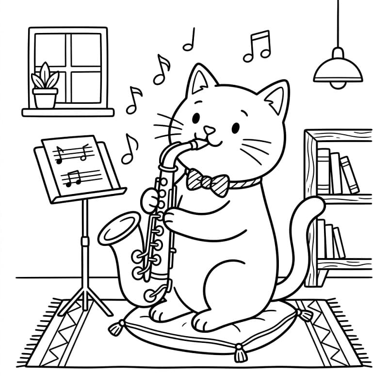 Fise de colorat cu Pisică cântă la saxofon