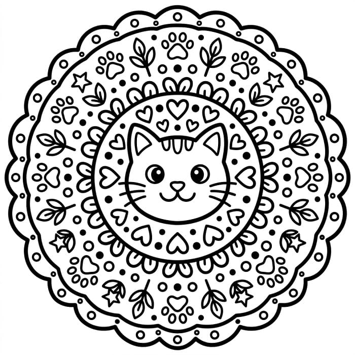 Fise de colorat cu Pisică în stil mandala animal