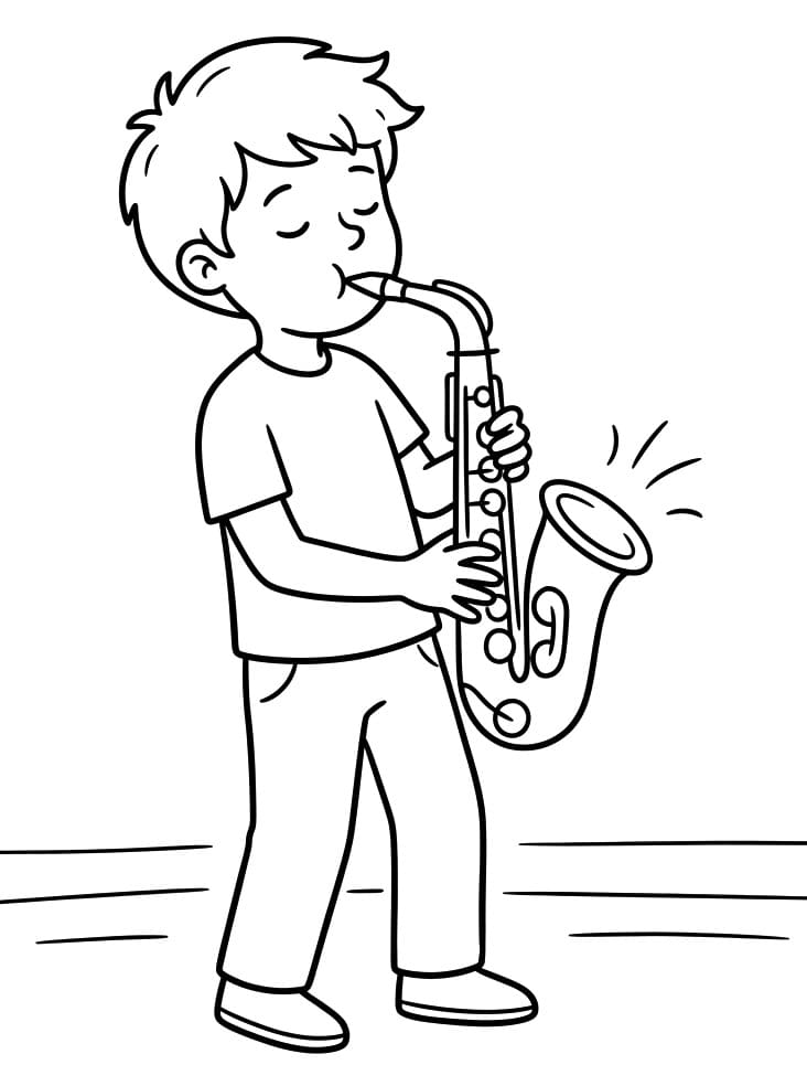 Fise de colorat cu Un băiat cântă la saxofon