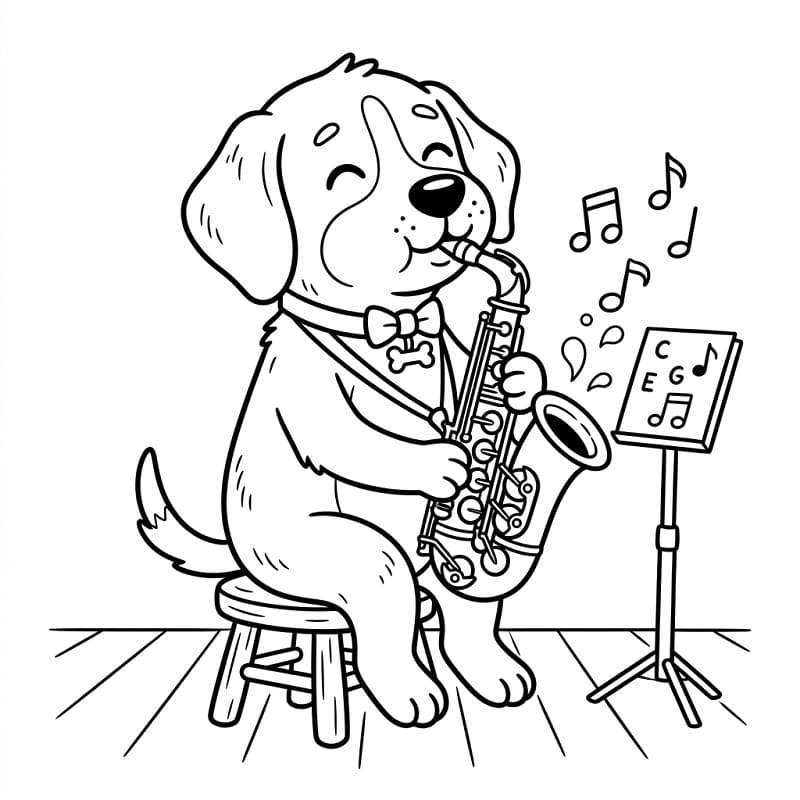 Fise de colorat cu Un câine cântă la saxofon