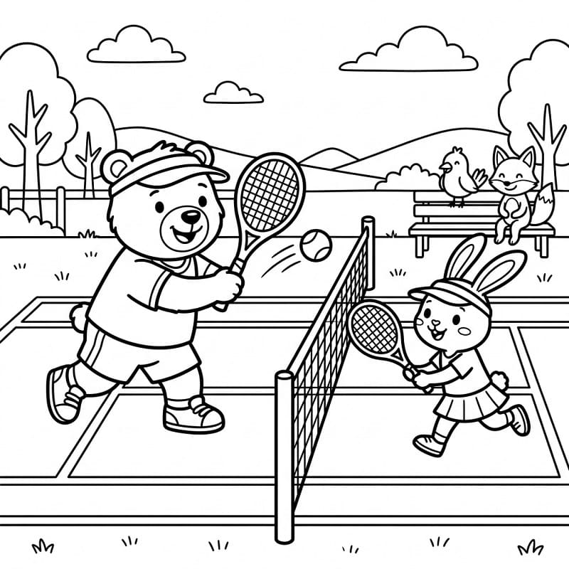 Fise de colorat cu Animale drăguțe joacă tenis