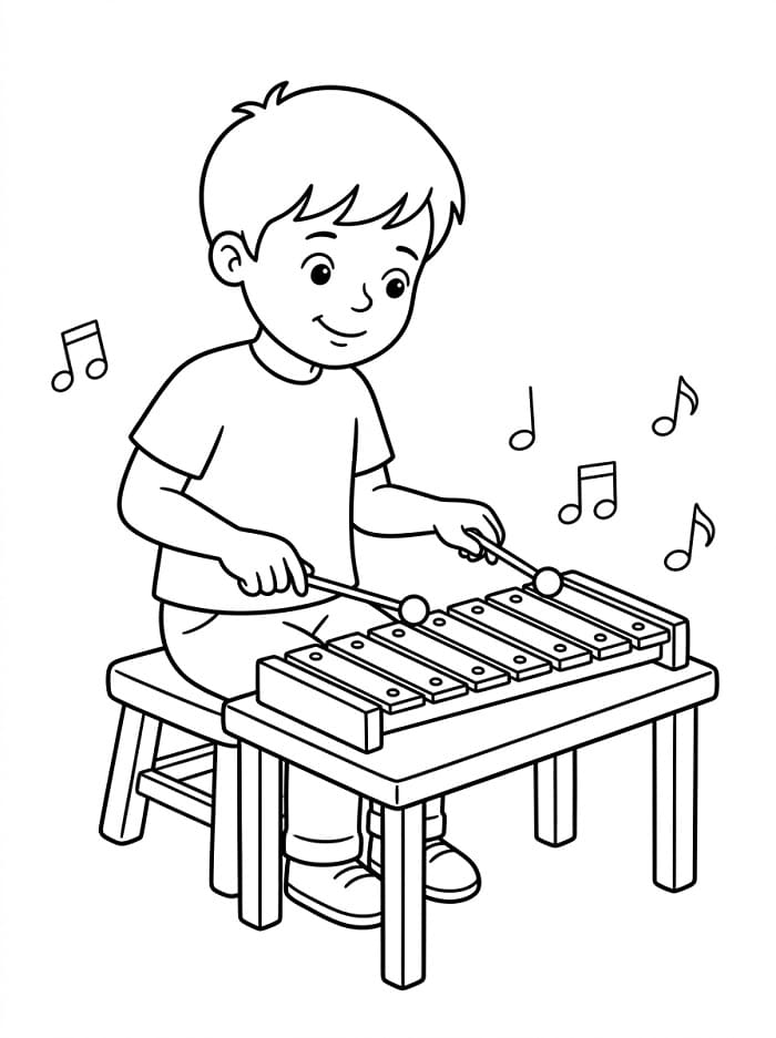 Fise de colorat cu Băiat cântă la xilofon