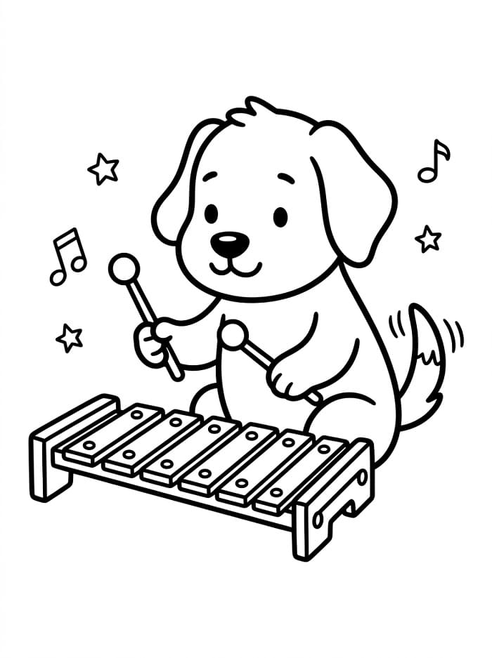 Fise de colorat cu Câine drăguț cântă la xilofon