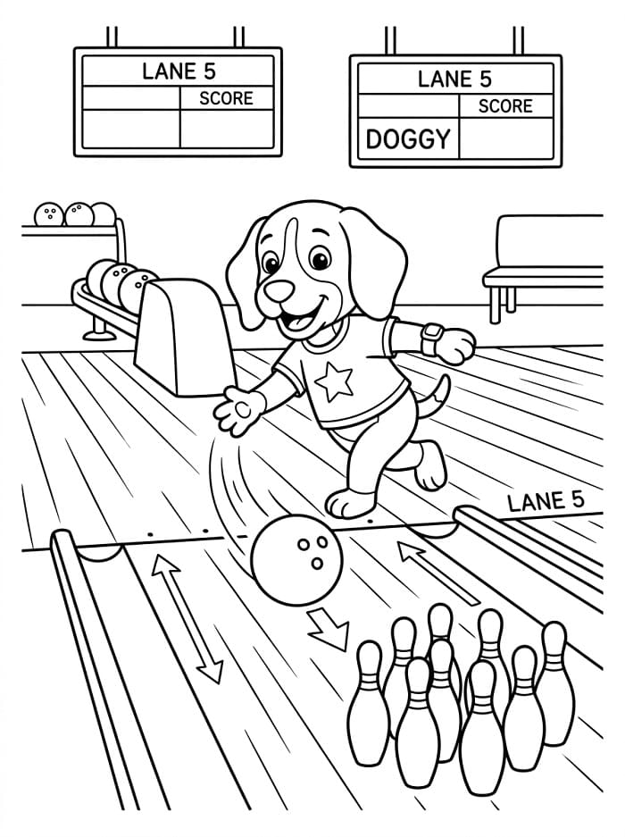 Fise de colorat cu Câine joacă bowling