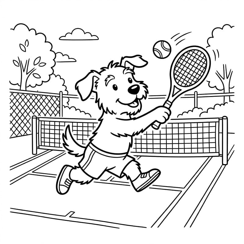Fise de colorat cu Câine joacă tenis
