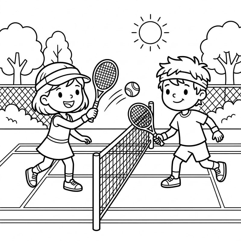 Fise de colorat cu Copii drăguți joacă tenis