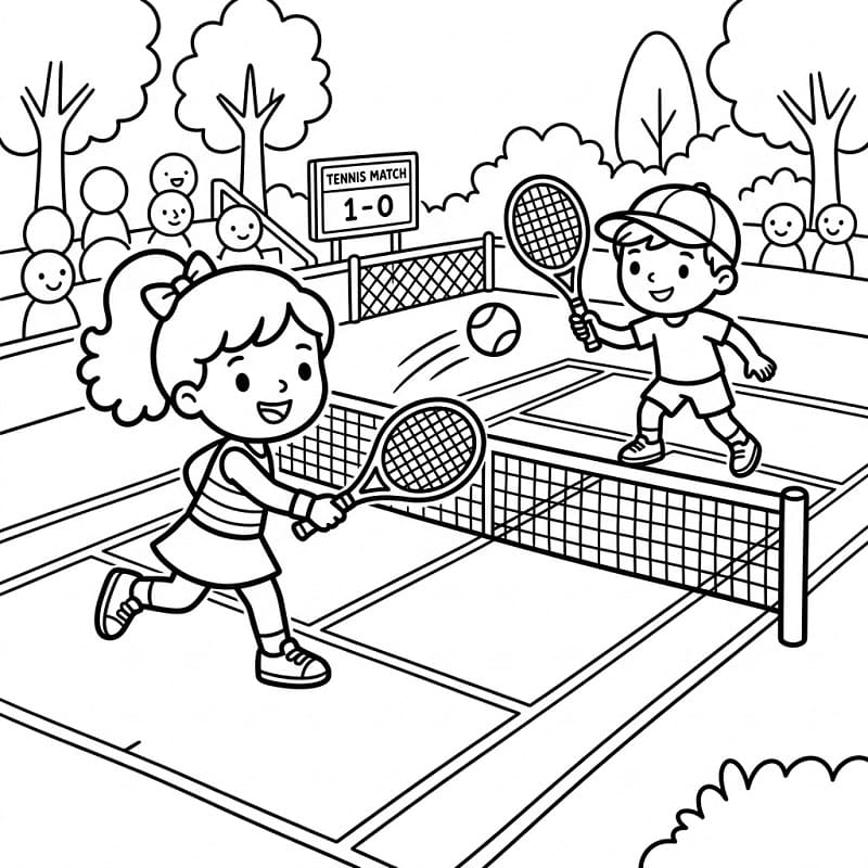 Fise de colorat cu Copii joacă tenis