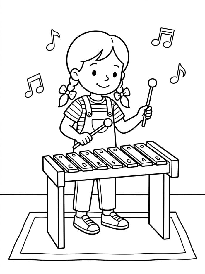 Fise de colorat cu Fetiță cântă la xilofon