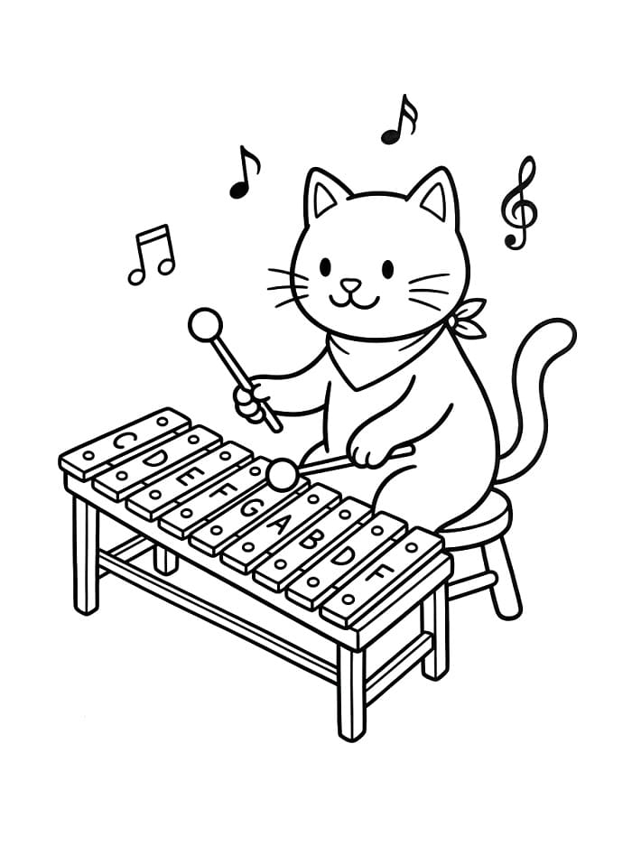 Fise de colorat cu Pisică drăguță cântă la xilofon