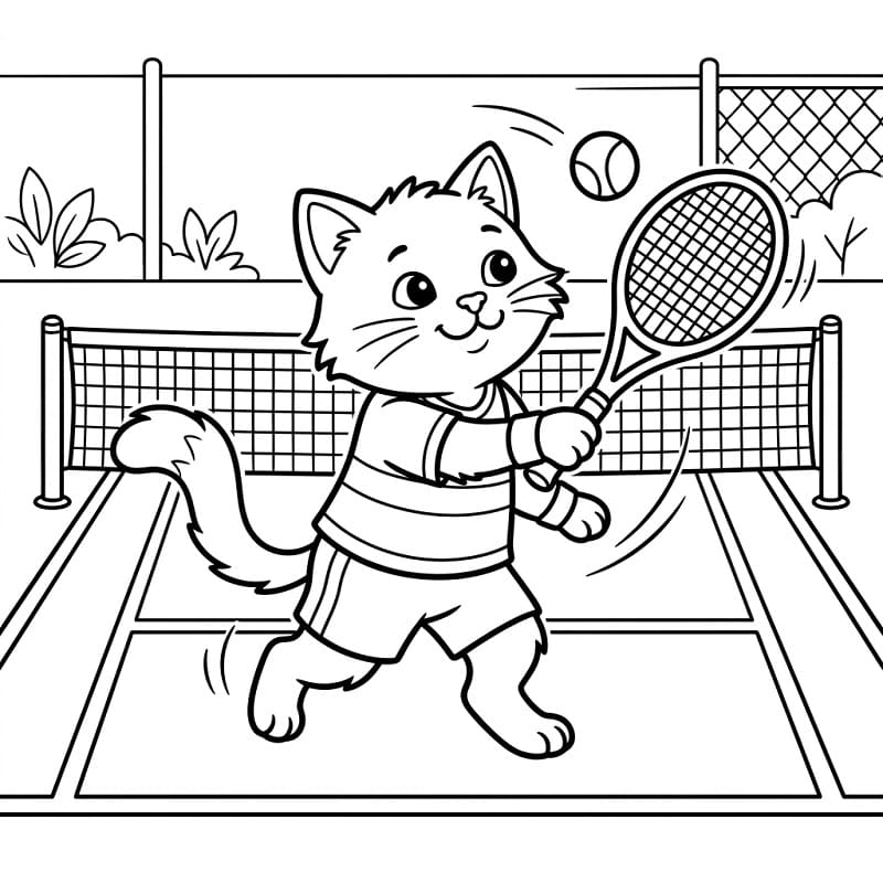 Fise de colorat cu Pisică drăguță joacă tenis