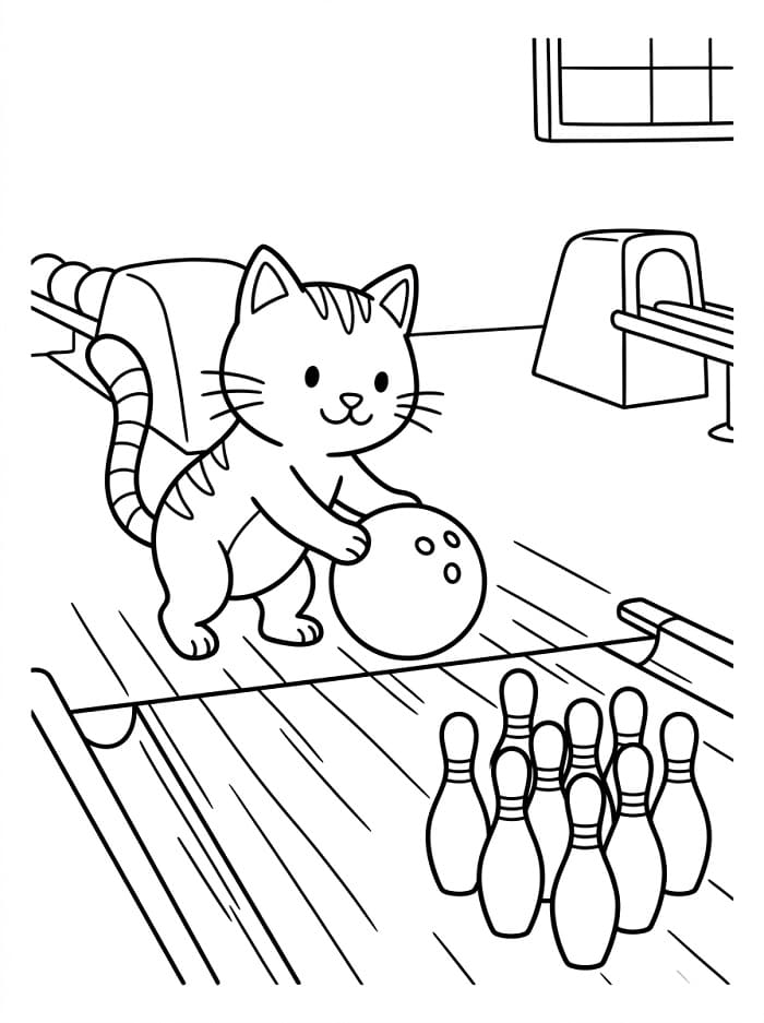 Fise de colorat cu Pisică joacă bowling