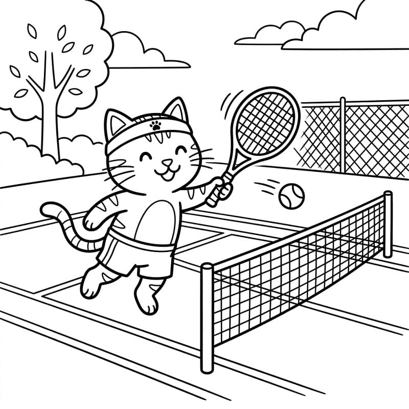 Fise de colorat cu Pisică joacă tenis
