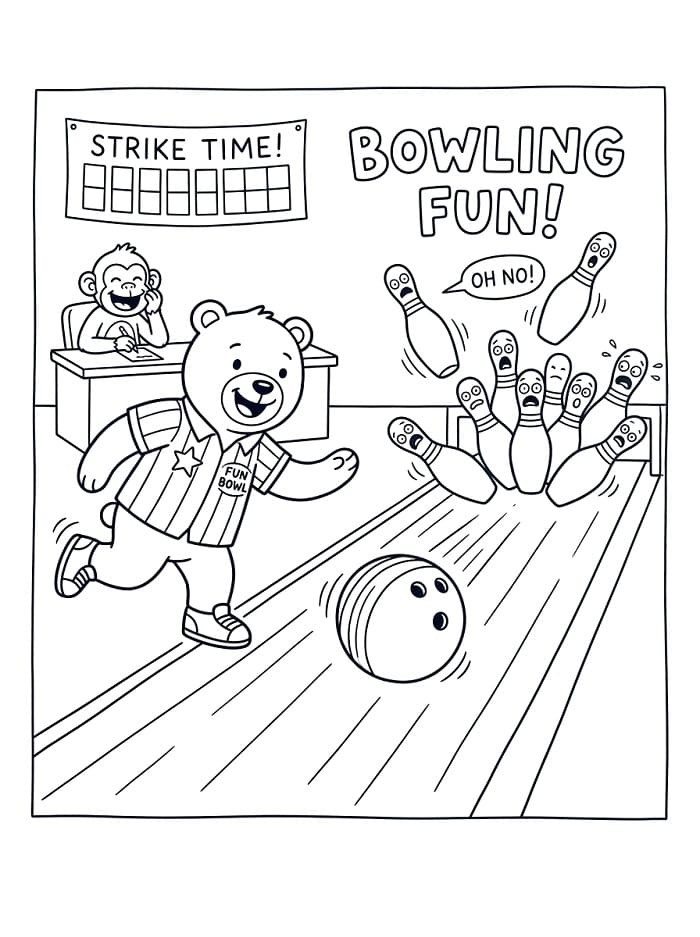 Fise de colorat cu Ursul joacă bowling
