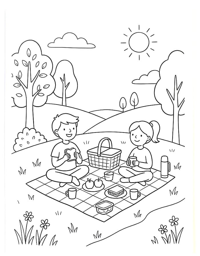 Fise de colorat cu Imagine imprimabilă cu picnic