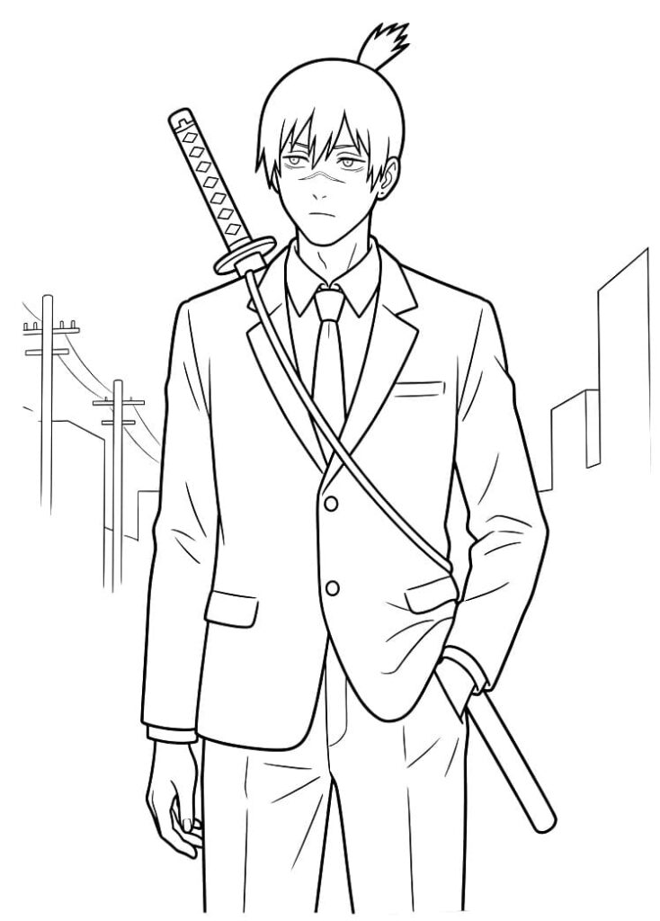 Fise de Colorat cu Chainsaw Man pentru imprimare