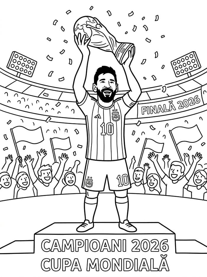 Fise de colorat cu Cupa Mondială 2026 Lionel Messi
