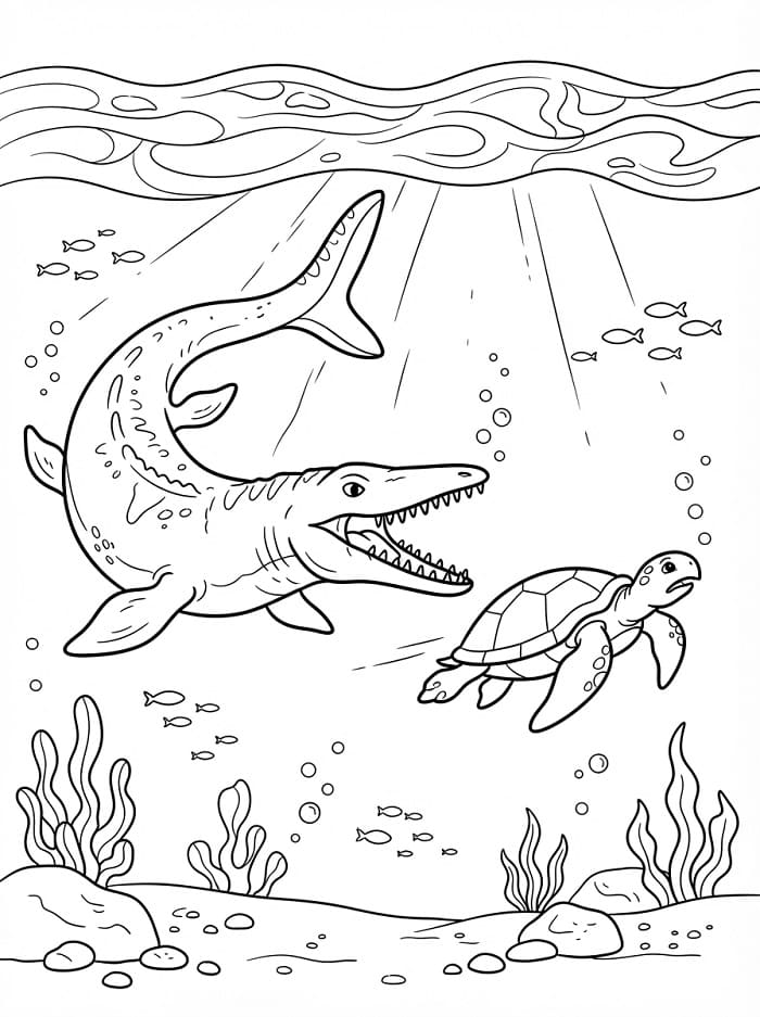 Fise de colorat cu Mosasaurus la vânătoare