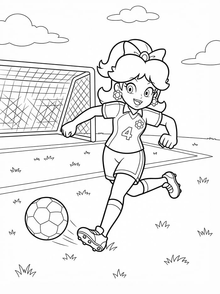 Fise de colorat cu Prințesa Daisy joacă fotbal