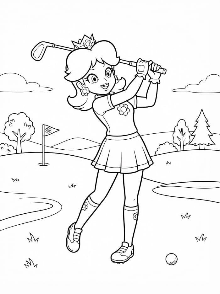 Fise de colorat cu Prințesa Daisy joacă golf