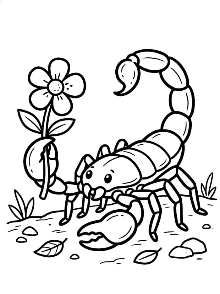 Fise de colorat cu Scorpion cu o floare