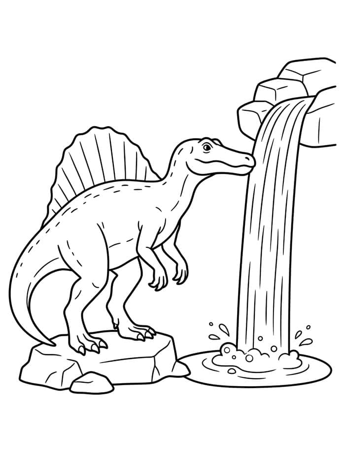 Fise de colorat cu Spinosaurus lângă o cascadă