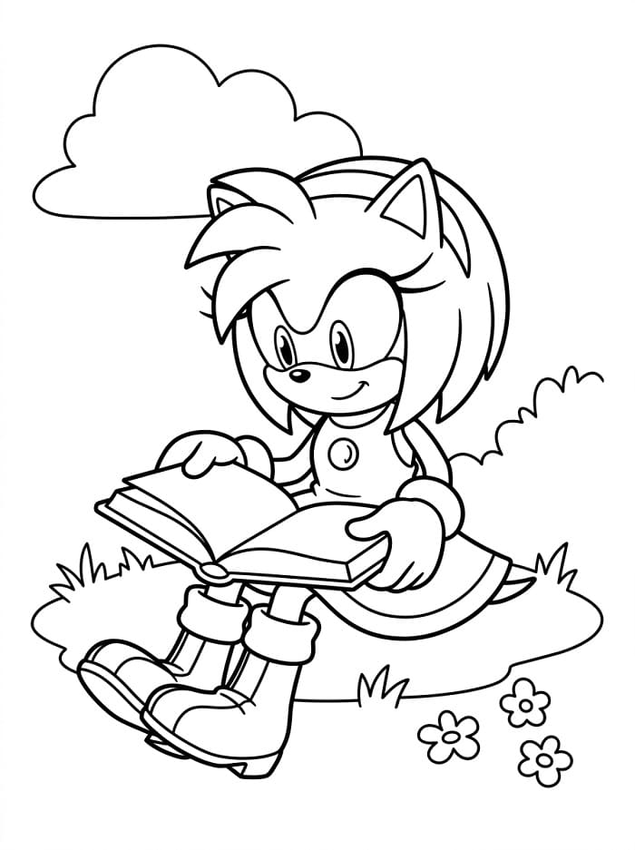 Fise de colorat cu Amy Rose citind o carte