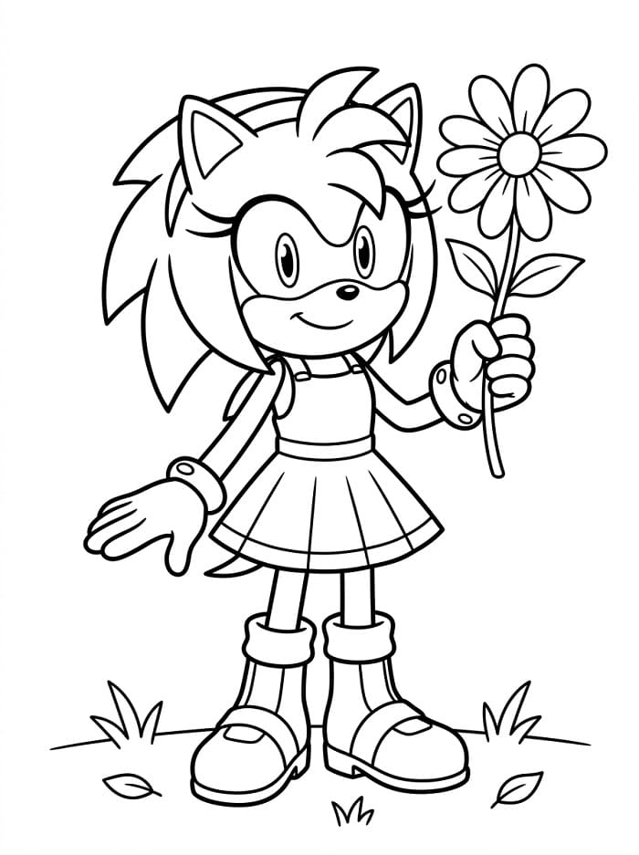 Fise de colorat cu Amy Rose ținând o floare
