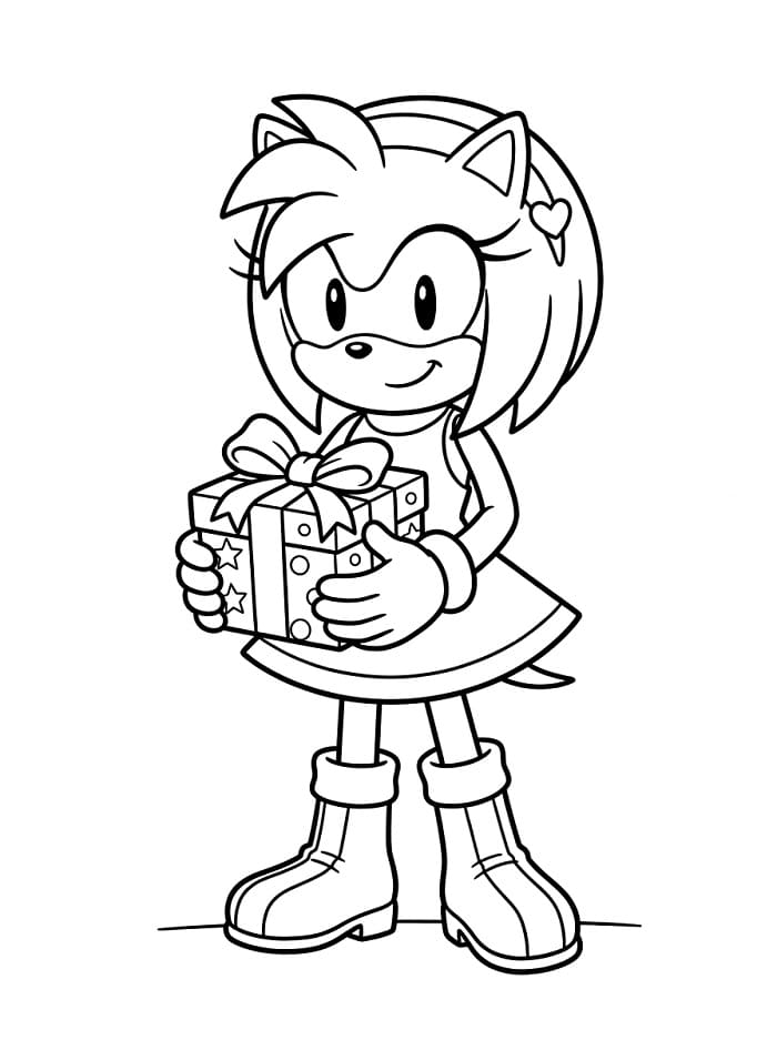 Fise de colorat cu Amy Rose ținând un cadou