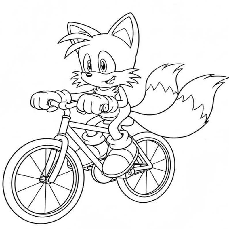 Fise de colorat cu Tails mergând pe bicicletă